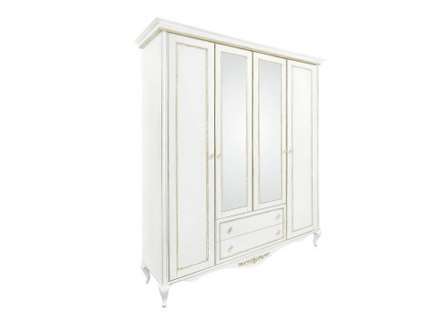 Шкаф 4 дверный с зеркалами Неаполь, Молочный/Патина Золото без структуры дерева