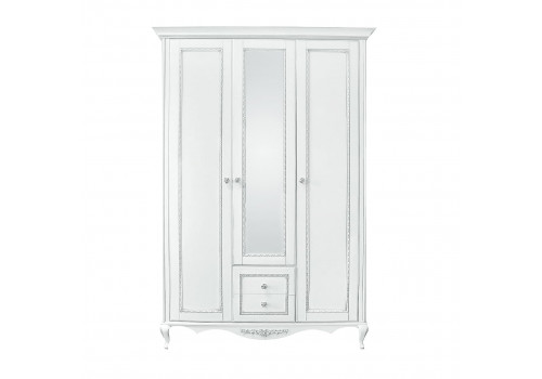 Шкаф 3 дверный с зеркалом Неаполь, Белый/Патина Серебро без структуры дерева