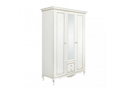 Шкаф 3 дверный с зеркалом Неаполь, Молочный/Патина Золото без структуры дерева