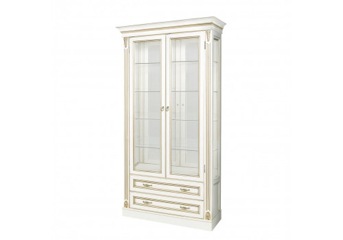 Витрина 2х дверная Палермо Молочный/Патина Золото со структрой дерева