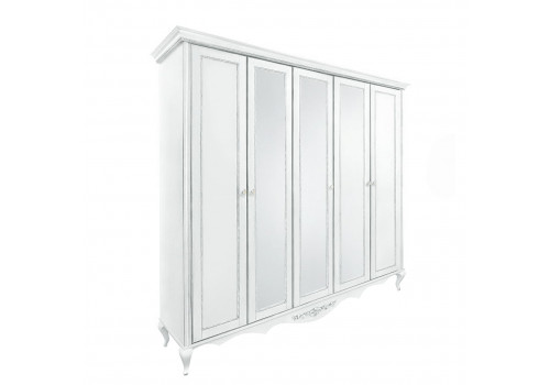 Шкаф 5 дверный с зеркалами Неаполь, Белый/Патина Серебро без структуры дерева