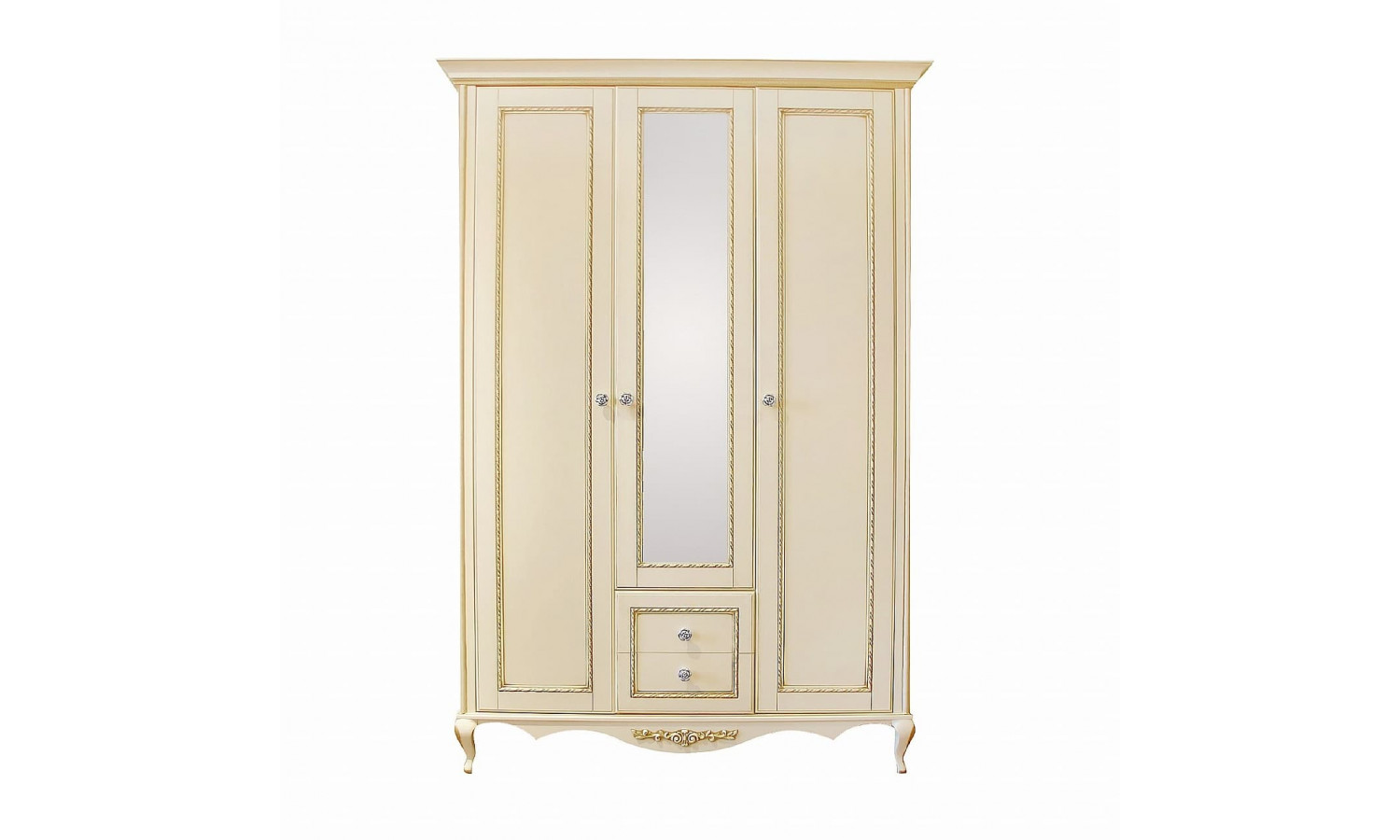 Шкаф 3 дверный с зеркалом Неаполь, Ваниль/Золото со структурой дерева
