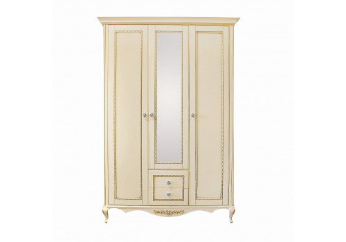 Шкаф 3 дверный с зеркалом Неаполь, Ваниль/Золото со структурой дерева