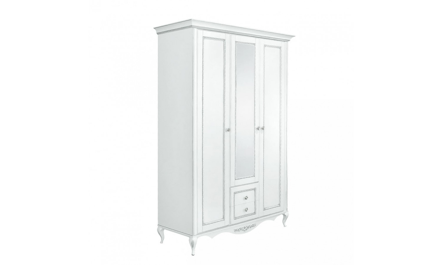 Шкаф 3 дверный с зеркалом Неаполь, Белый/Патина Серебро без структуры дерева