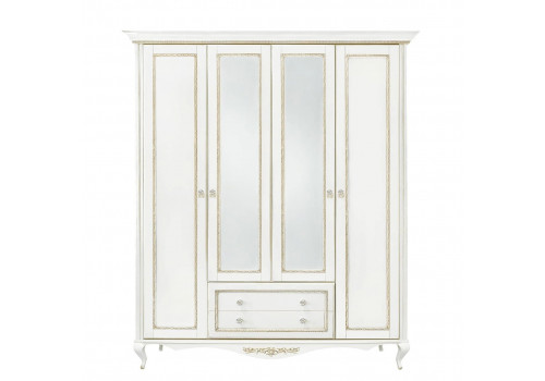 Шкаф 4 дверный с зеркалами Неаполь, Молочный/Патина Золото без структуры дерева