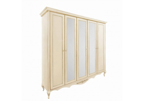 Шкаф 5 дверный с зеркалами Неаполь, Ваниль/Патина Золото без структуры дерева