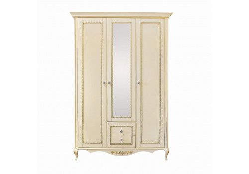 Шкаф 3 дверный с зеркалом Неаполь, Ваниль/Патина Золото без структуры дерева