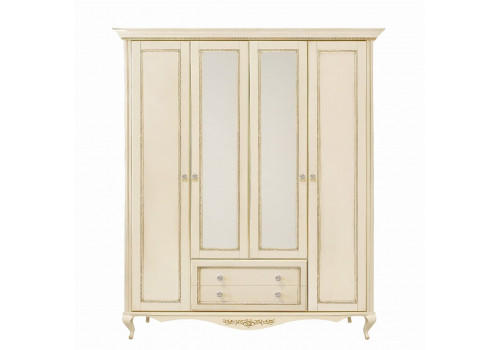 Шкаф 4 дверный с зеркалами Неаполь, Ваниль/Патина Золото без структуры дерева