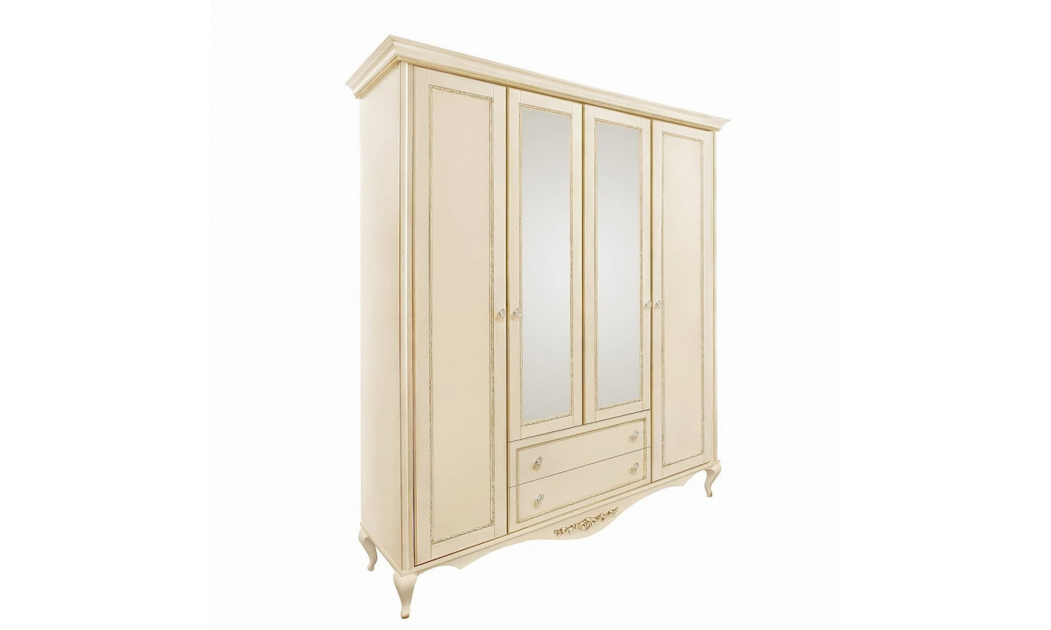 Шкаф 4 дверный с зеркалами Неаполь, Ваниль/Патина Золото без структуры дерева