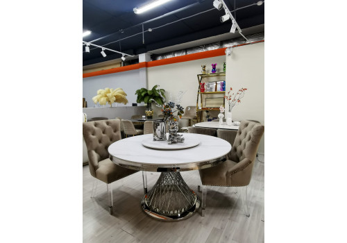 Стол обеденный Мелоди DT-018L, 140х140х75 см, белый мрамор/серебро